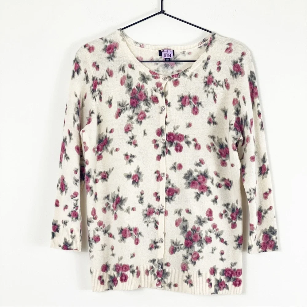 Talbots Petites Cottagecore Cardigan Ivory Pink Floral Rhinestone Buttons - Picture 2 of 6